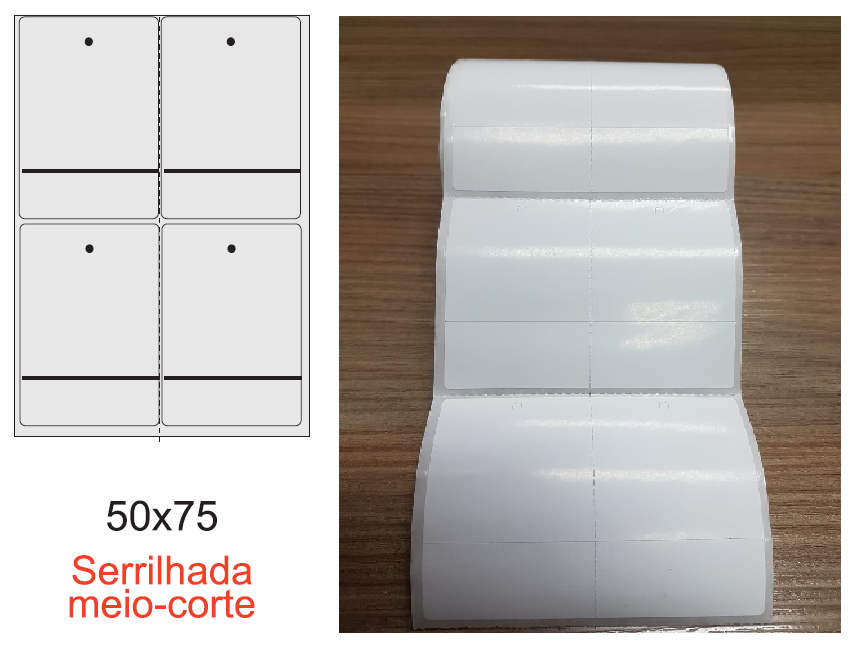 ETIQUETA 50X75/2 TAG/ADESIVA/MEIO CORTE/FURO P.CIMA/C.RETO/SERRILHADA-32MTS