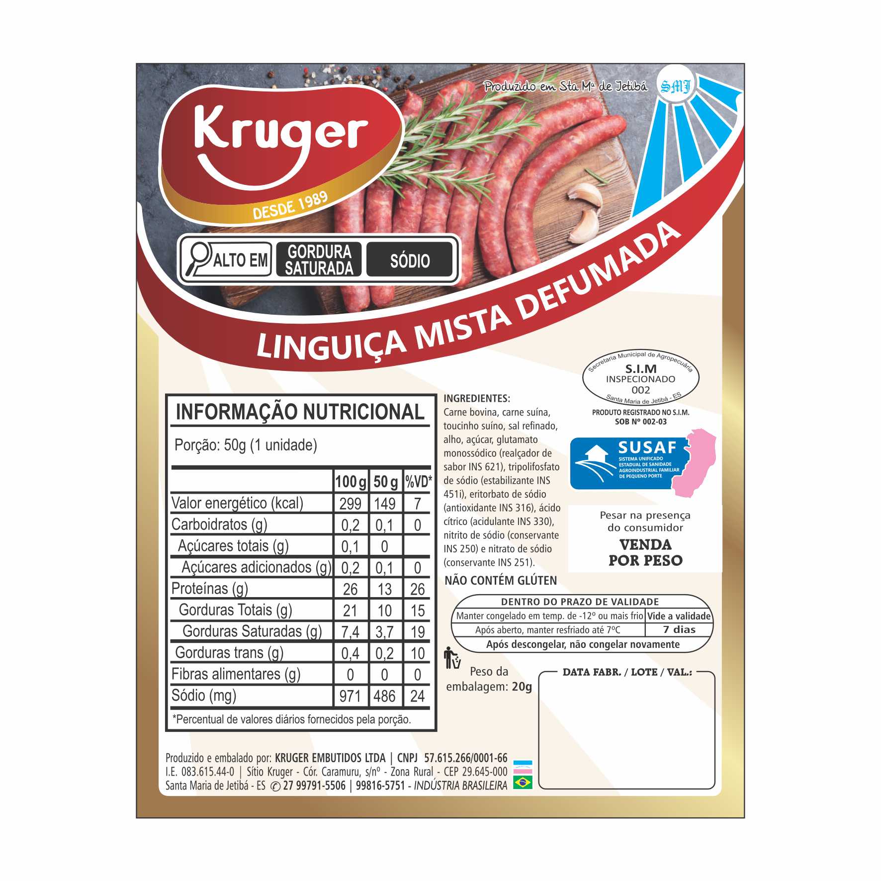 ETIQUETA 100X125/1 PERSON BOPP DURALYTE KRUGER LINGUICA DE CARNE SUINA DEFUMADA S/PESO-32MTS