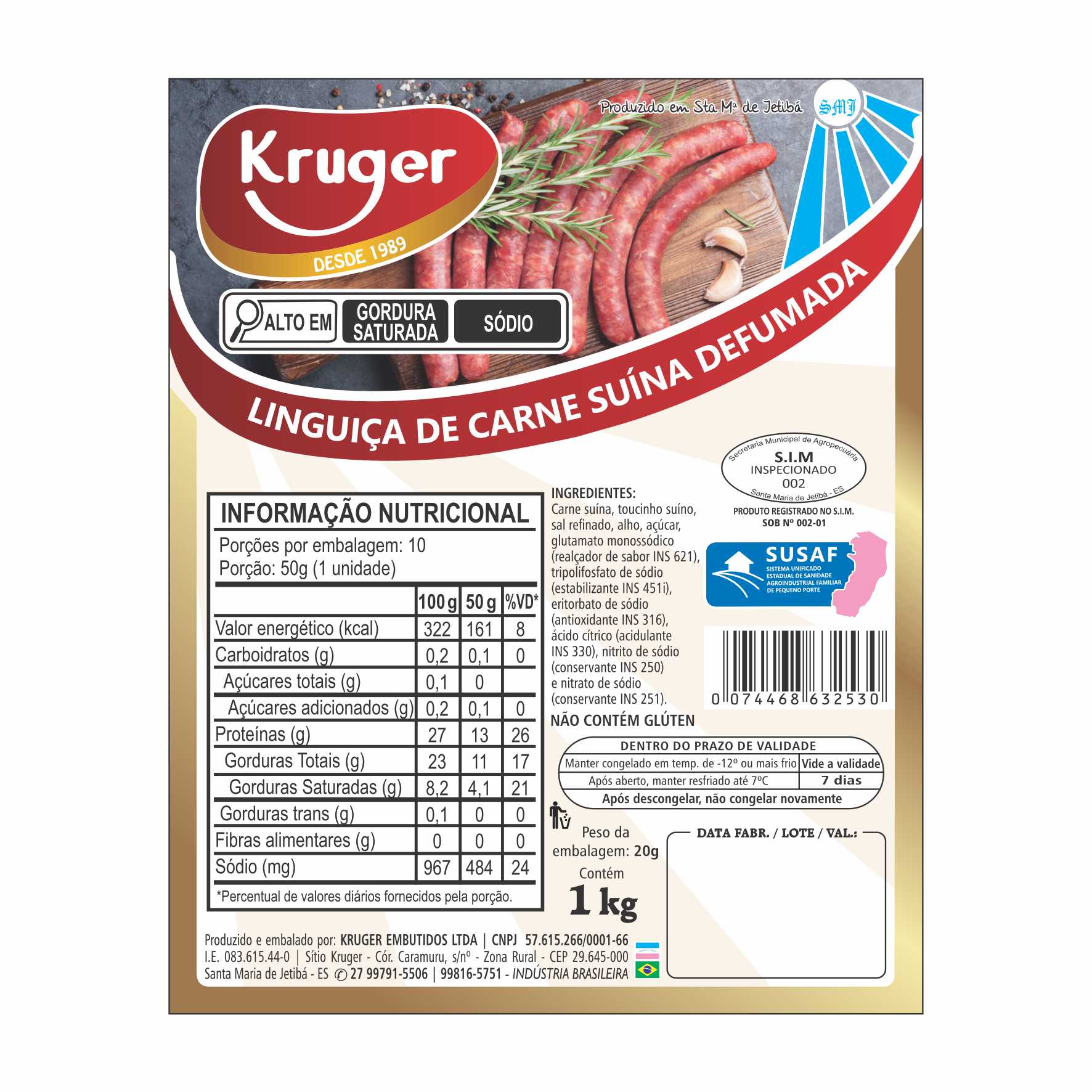 ETIQUETA 100X125/1 PERSON BOPP DURALYTE KRUGER LINGUICA CARNE SUINA DEFUMADA 1KG -32MTS