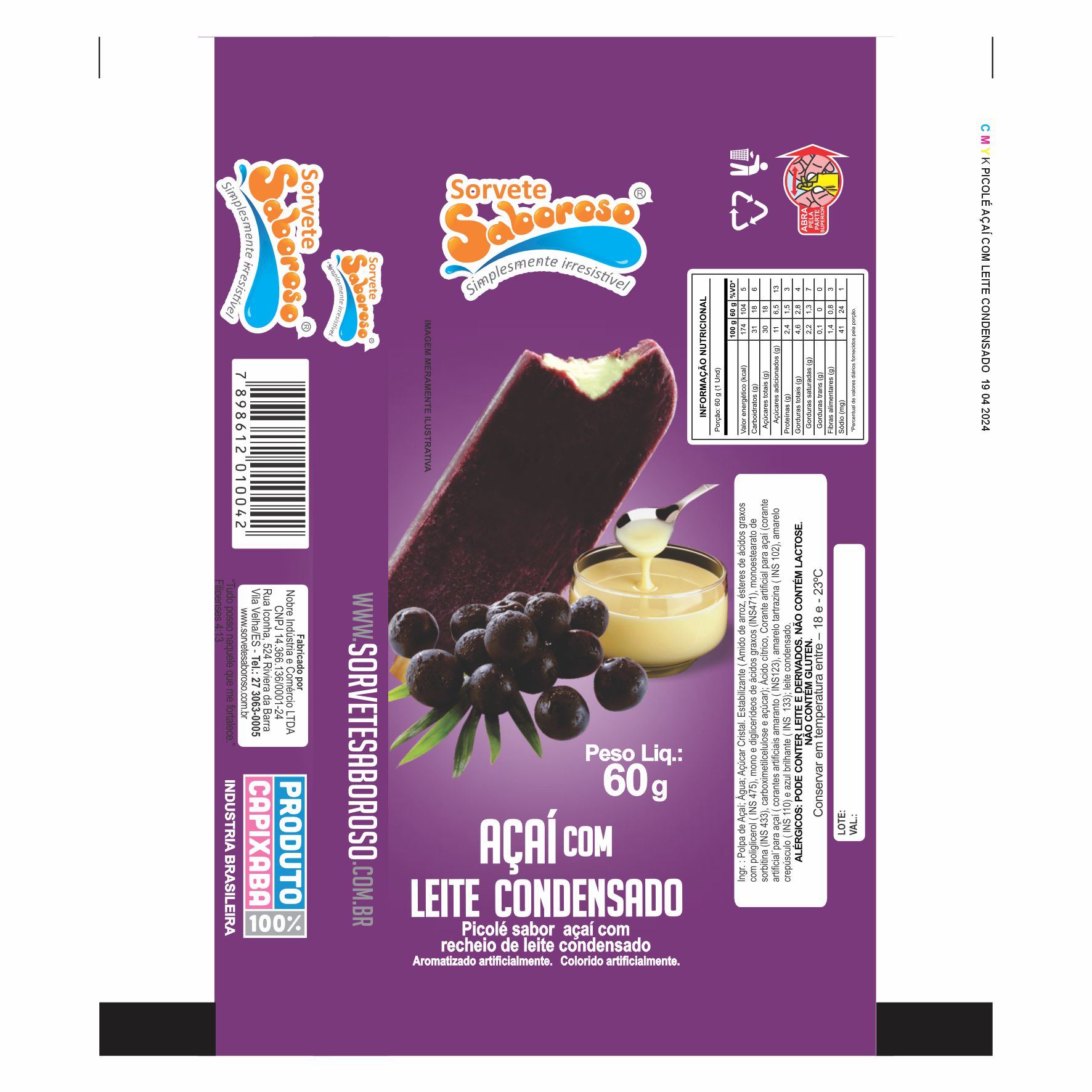 BOBINA BOPP METALIZADO PICOLE 6KG SABOROSO AÇAI COM LEITE CONDENSADO
