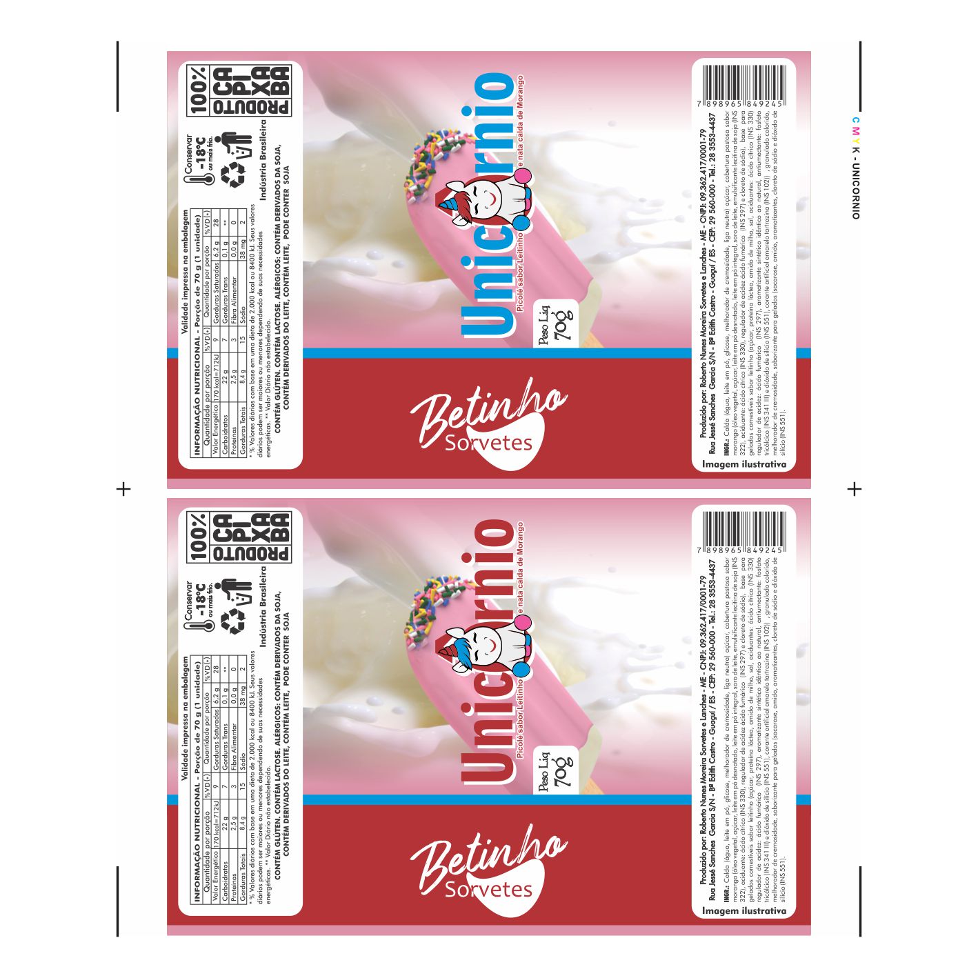 BOBINA BOPP LEITOSO PICOLE 6KG - BETINHO SORVETES UNICORNIO BOBINA BOPP LEITOSO PICOLE 6KG - BETINHO SORVETES UNICORNIO