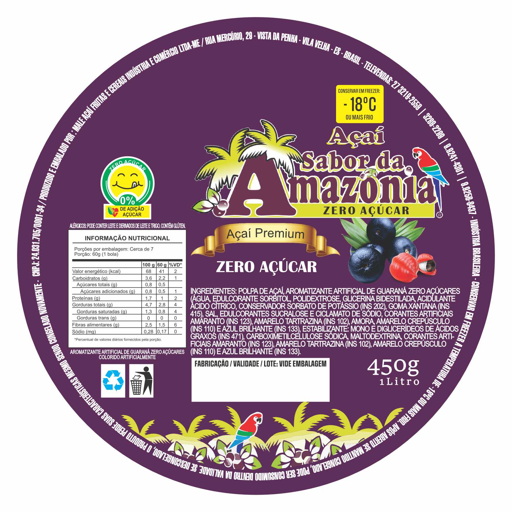 ETIQUETA 125MM BOPP PEROLADO AÇAI SABOR DA AMAZONIA TRADICIONAL 0% DE ADIÇÃO DE AÇUCAR 450g 1L-32MTS