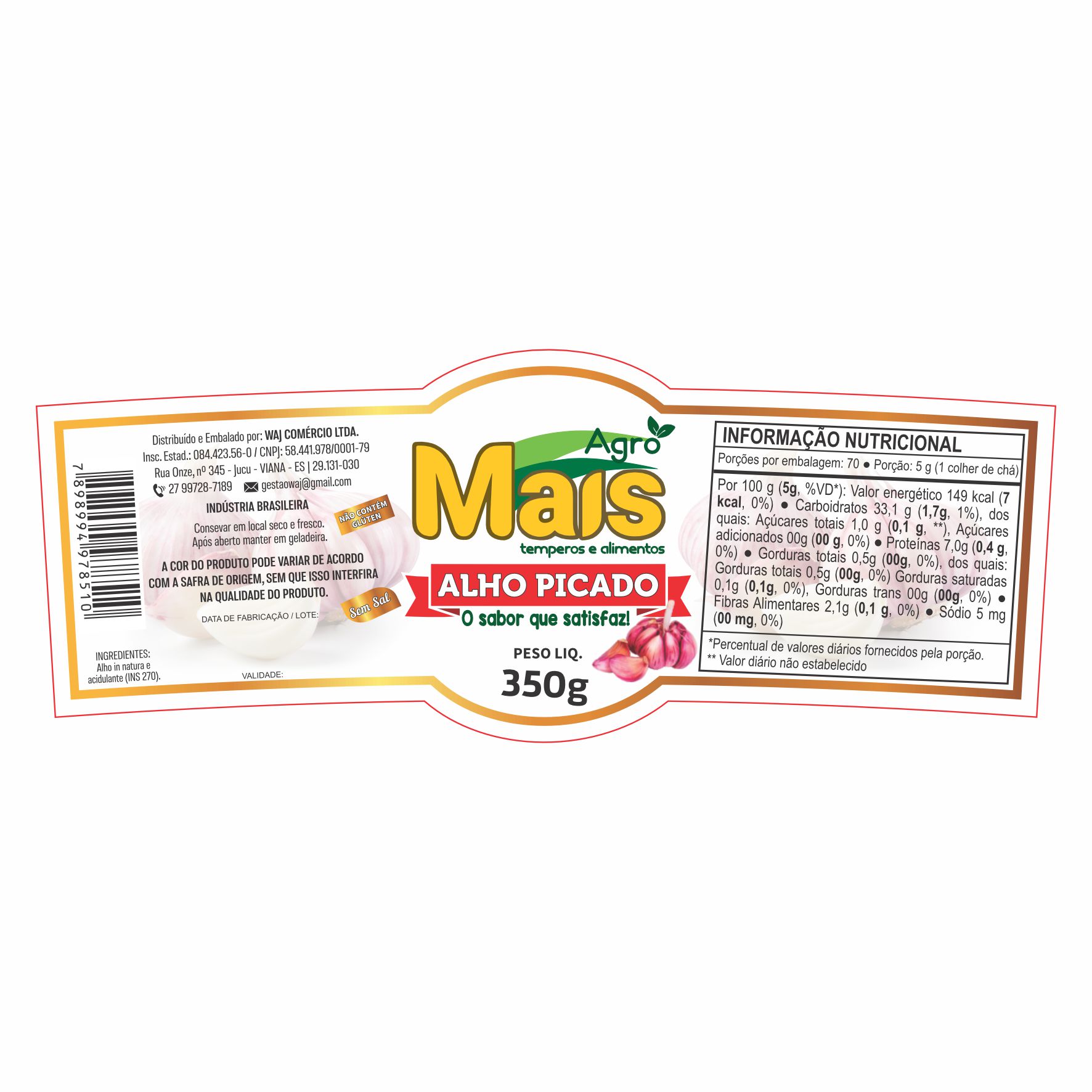 ETIQUETA 52X135/2 BOPP METALIZADO AGRO MAIS ALHO PICADO SEM SAL 350G (500)K