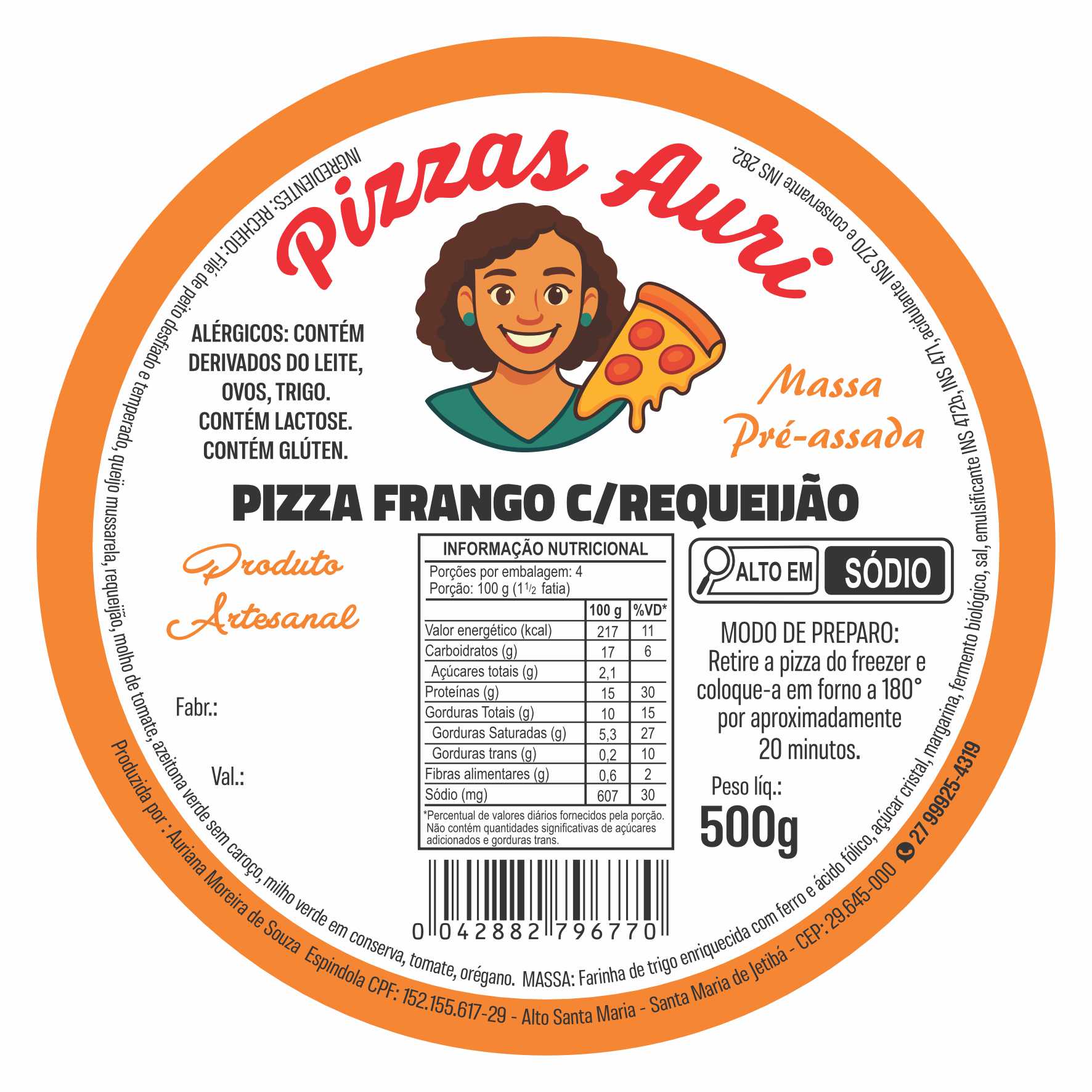 ETIQUETA 125MM DE DIAMETRO PERSON BOPP PEROLADO PIZZAS AURI FRANGO COM REQUEIJAO 500G -32MTS