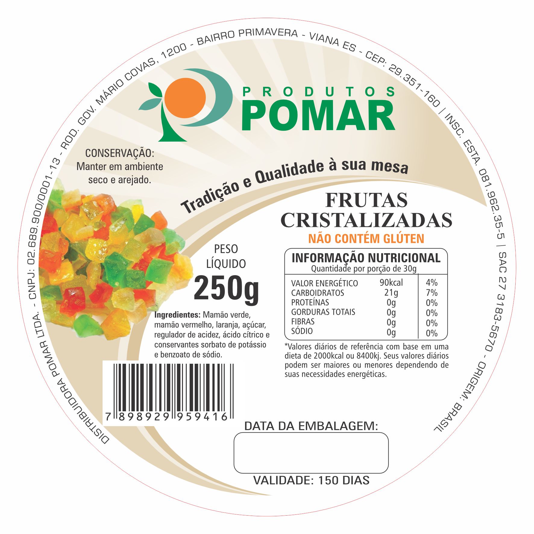 ETIQUETA 80MM DE DIAMETRO PERSONALIZADA/COUCHE ADES/POMAR>FRUTAS CRISTALIZADAS 250G- (K)
