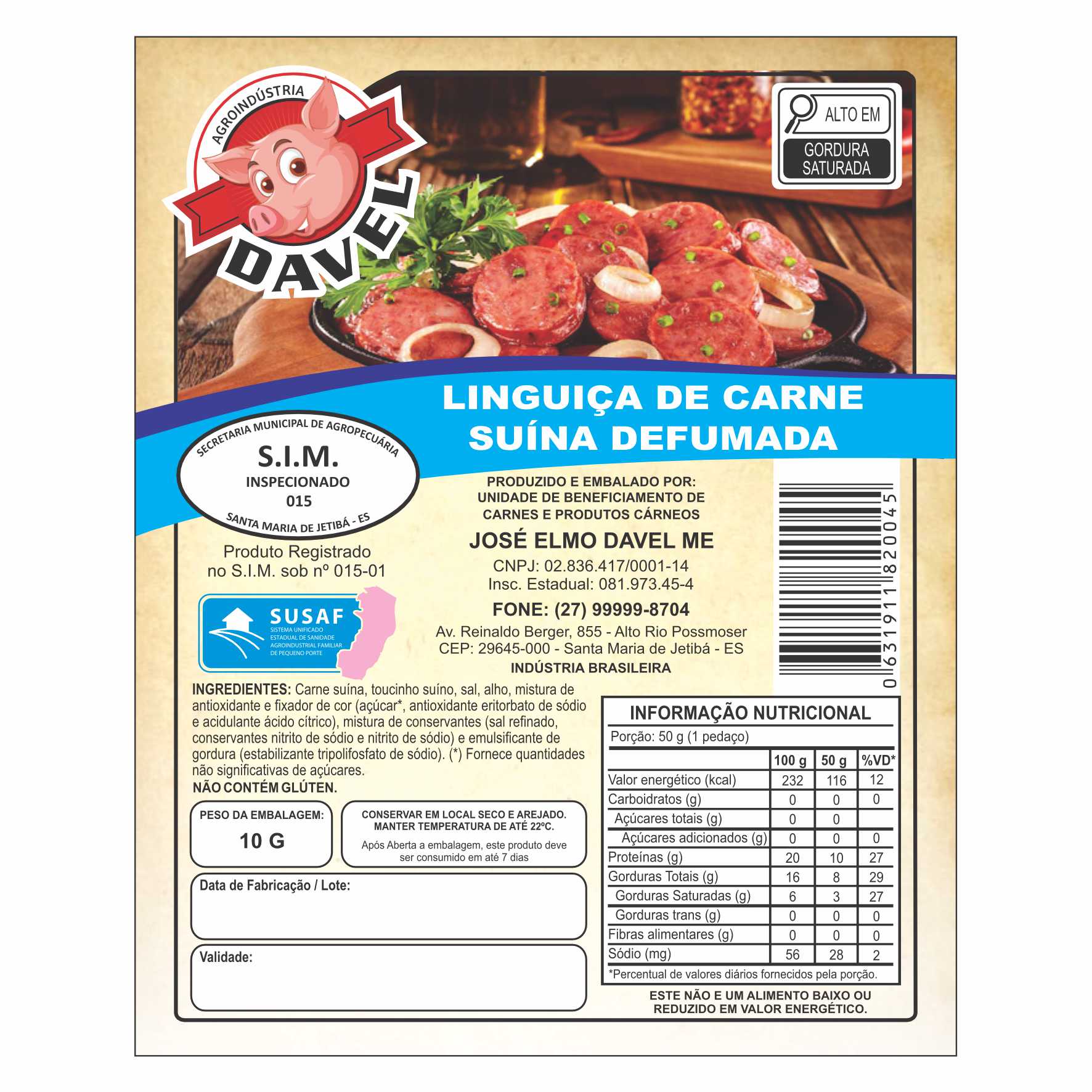 ETIQUETA 100X125/1 DURALYTE AGRO INDUSTRIA DAVEL LINGUICA CARNE SUINA DEFUMADA - 32MTS
