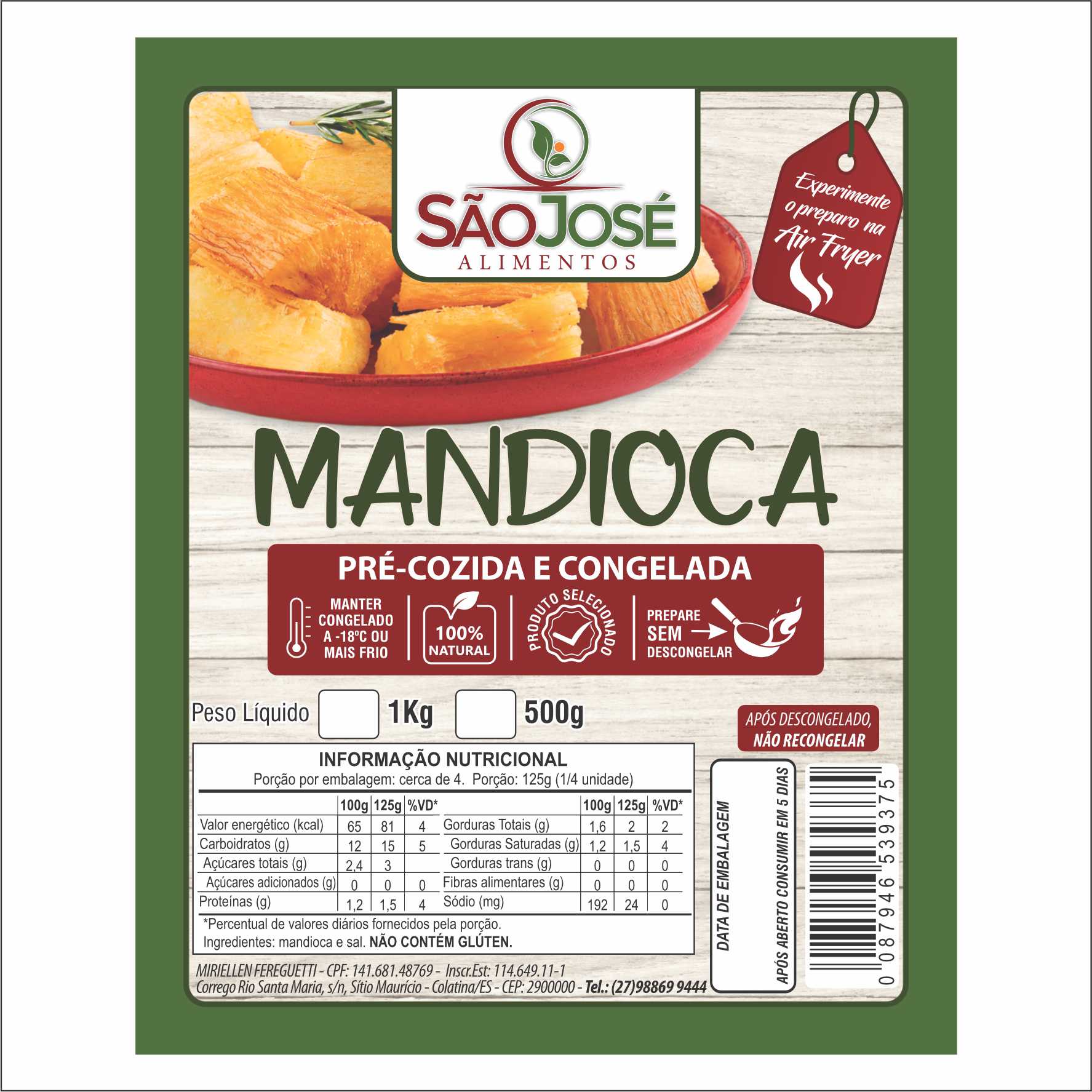 ETIQUETA 125X100 RETANGULAR BOPP DURALYTE MANDIOCA COZIDA E CONGELADA - SAO JOSE ALIMENTOS (1000UNI) KROMIA